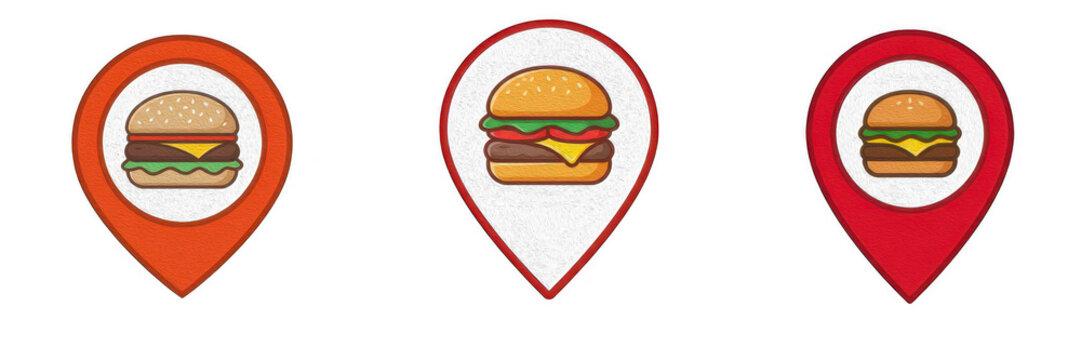 Fast food map pointer icons set with delicious cheeseburger symbols, vector illustration isolated on white background, restaurant location pins and food delivery marker design elements for mobile apps