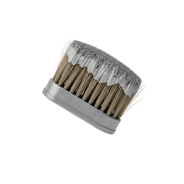 Close up of a bristle brush with white soap foam or shaving cream, isolated on transparent background