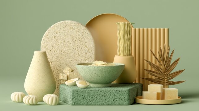 Minimalist Still Life with Soft Textures and Pastel Colors Featuring Geometric Shapes and Organic Elements on a Muted Green Surface
