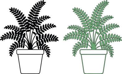Fototapeta premium Potted Fern Plant Vector Illustration Set with Black Silhouette and Green Botanical Indoor Houseplant Design