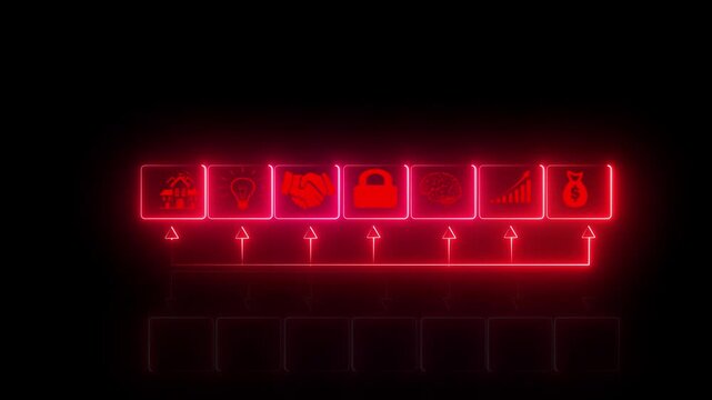 Icons glowing in bright red represent essential business concepts including growth and security connected by lines to a base panel on a black background to symbolize a complex corporate management.