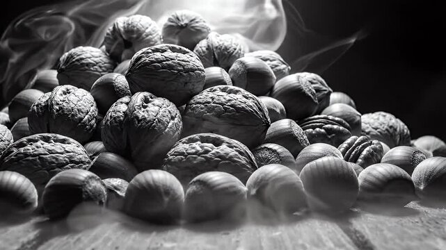 Black and White Pile of Assorted Nuts with Dramatic Lighting - An artistic, high-contrast black and white video showcasing a large pile of various nuts including walnuts and hazelnuts.