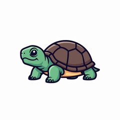 Obraz premium Cute green cartoon turtle with a brown shell isolated on a white background.