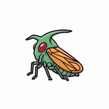 Stylized cartoon illustration of a green horned treehopper insect isolated on a white background.
