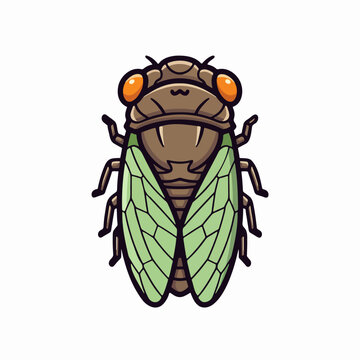 Stylized cartoon illustration of a cicada insect with green wings and orange eyes isolated on a white background.
