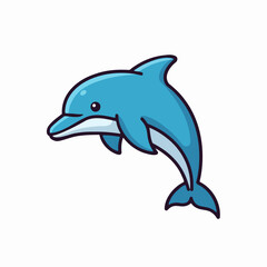 Fototapeta premium Blue cartoon dolphin illustration jumping on white background.