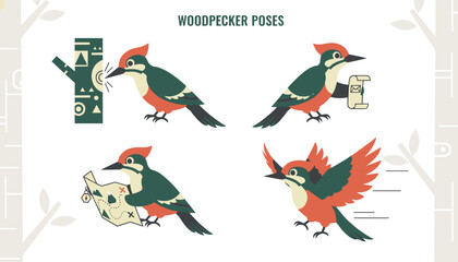 Obraz premium Cute woodpecker character in different active poses pecking a tree, holding a message, reading a map, and flying in the forest.