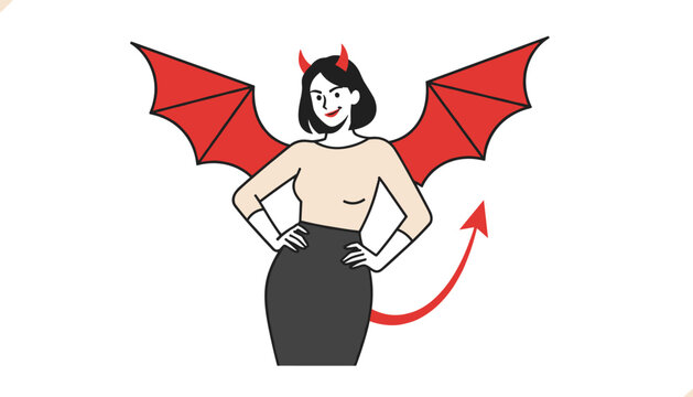 Woman in a devil costume with red horns, wings, and tail posing mischievously for a Halloween party or theme event.