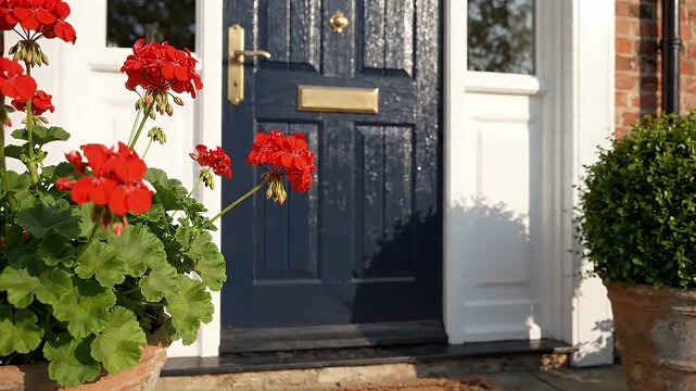 Welcoming Front Door with Potted Plants - A charming front door entrance featuring a dark blue painted door with a brass mail slot and knocker.