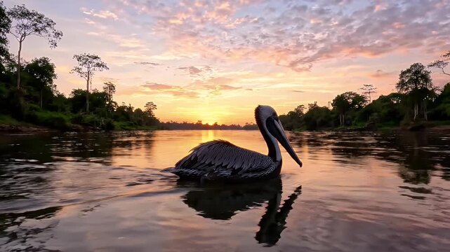 Brown Pelican Gliding on Calm River at Sunset - A majestic brown pelican glides gracefully on calm river water as the sun sets, casting a warm golden glow.