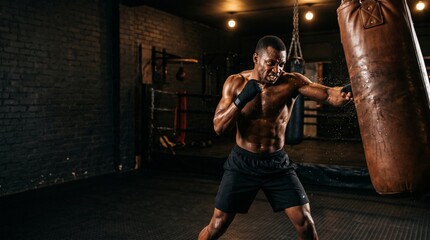 Intense Training Session: A muscular man is engaged in a vigorous boxing training session, punching a heavy bag with focus and determination.