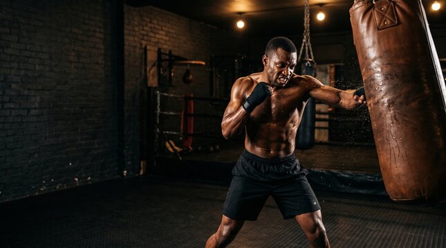 Intense Training Session: A muscular man is engaged in a vigorous boxing training session, punching a heavy bag with focus and determination.