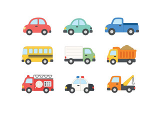 Fototapeta premium Cute Flat Vehicle Collection Set with Car, Truck, Bus, Ambulance, Fire Truck and Tow Truck Isolated on White Background