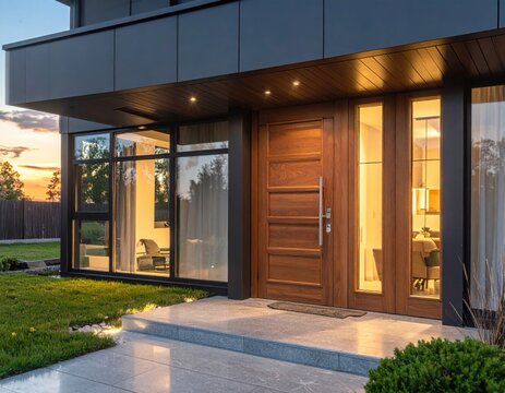 static outdoor shot focusing on a stylish luxury house facade with a classic wooden door panel alongside elegant glass sidelights