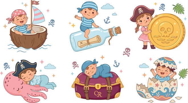 Cute Baby Pirate Vector Collection Featuring Toddler Captains with Coconut Boat, Message in a Bottle, Gold Doubloon, Sleeping Octopus, Treasure Chest, and Hatching Egg