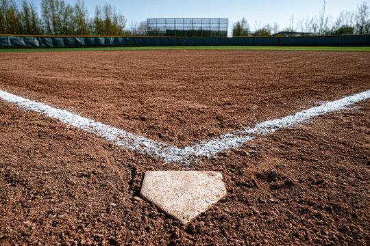Baseball diamond viewed from home plate, empty field with bleachers and trees in the background on a clear day.
