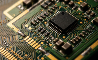 Fototapeta premium Close-up of a circuit board featuring intricate details of electronic components, highlighting modern technology in a vibrant green hue.