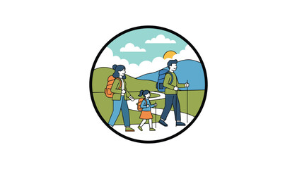 Fototapeta premium Happy family with heavy backpacks hiking along a scenic trail in the high mountains inside a circular frame.