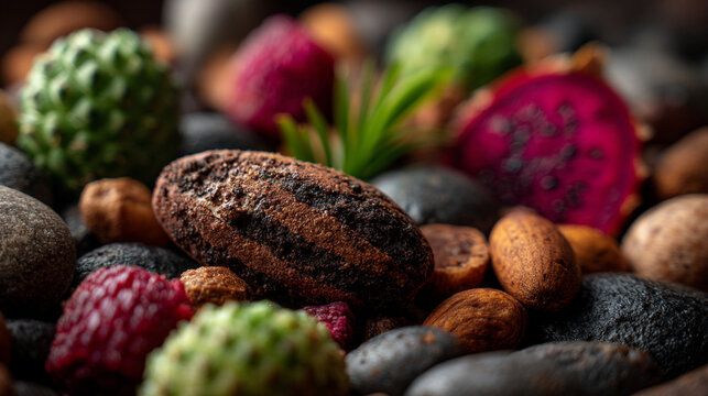 Close-up of exotic dragon fruit and chocolate nuts on dark stones with the textures create