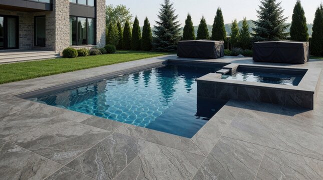 Modern backyard features inground swimming pool and separate hot tub. Luxury home patio with grey stone tiling, manicured grass and evergreen trees.