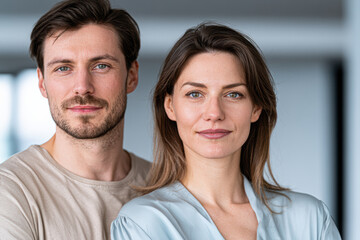Obraz premium Portrait of a confident man and woman standing close together, looking directly at the camera with neutral expressions in a softly lit indoor setting.