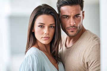 Fototapeta premium Close-up portrait of a serious young man and woman standing side by side indoors, both looking directly at the camera with intense expressions.