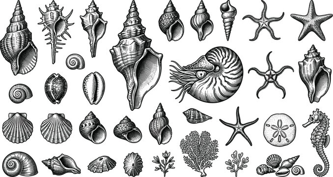  Vintage Nautical Sea Shell and Underwater Wildlife Sketch Illustration Sheet Featuring Engraved Spiral Nautilus Conch Starfish Sand Dollars and Sea Horses