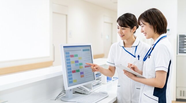 看護師と情報共有を行う日本人医療事務