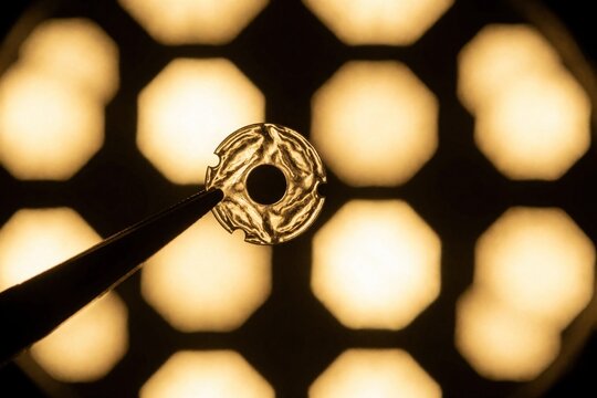 Medical lens held with tweezers, close-up view of eye implant technology. Blurred lights create bokeh effect behind lens. Vision correction and surgery concept.
