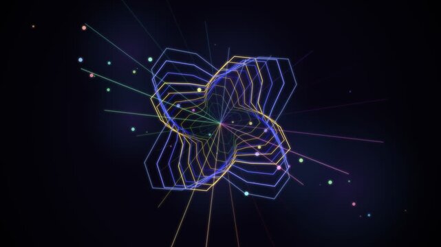 Wireframe Polygon Tunnel Spinning With Rays And Particles On Dark