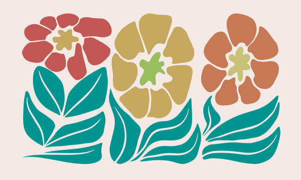 Beautiful abstract flowers with warm colors and turquoise-green leaves on a light pink background.