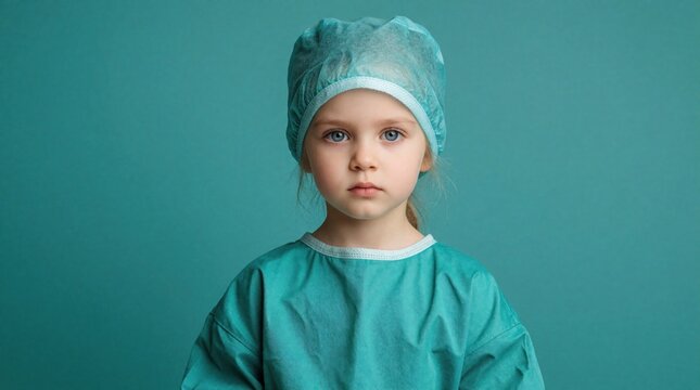 Young child wears surgeon scrub suit and cap. Future doctor has serious expression, dreams of medical career. Hopeful kid imagines becoming healer in sterile hospital. Aspires to help people.