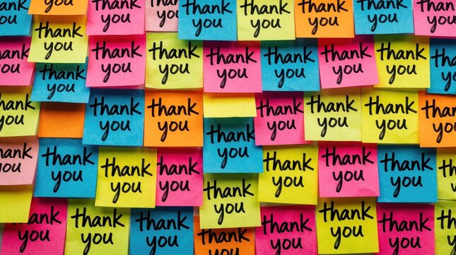 Wall covered with many colorful sticky notes. Each note displays thank you message in black ink. Diverse and vibrant paper collage expressing gratitude and appreciation.