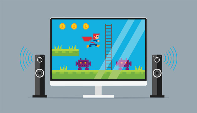 Computer screen showing an eight bit retro platform game next to two speakers playing sound on a grey background.