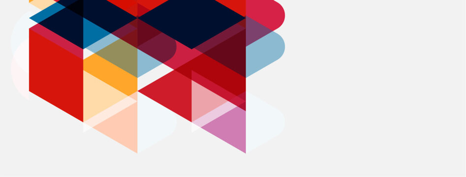 Abstract geometric shapes overlap, creating colorful composition. Soft hues blend with bolder tones, modern design aesthetic.