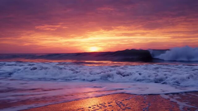 Vibrant Orange Sunset Over Crashing Ocean Waves - The setting sun casts a vibrant orange and purple glow across the sky, reflecting on the rippling ocean surface.
