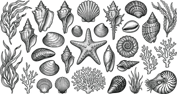  Vintage Marine Sea Shell and Ocean Wildlife Sketch Illustration Sheet Featuring Engraved Starfish Spiral Ammonites Clams Scallops Coral Branches and Deep Sea Kelp Seaweed