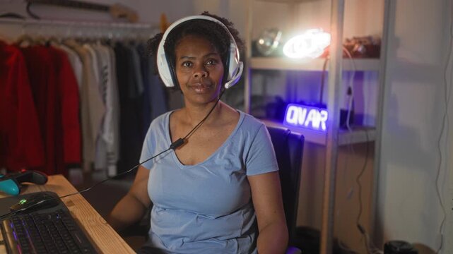 Woman wearing headset smiling while holding gamepad at computer desk in studio with neon on air sign and clothing rack visible; happy gaming mood.