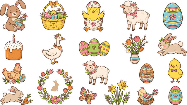  Cute Easter Spring Clipart Set Featuring Whimsical Cartoon Bunnies Hatching Chicks Fluffy Lambs Decorated Holiday Eggs and Floral Wreath Illustrations