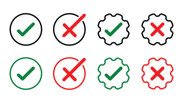 Checkmark and cross symbol icon set for verification with checkmark verification validation incorrect