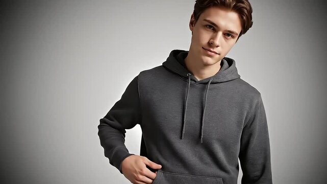 Footage of a teenage boy in a charcoal hoodie standing against a neutral studio background
