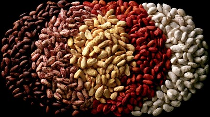 Obraz premium Assorted Variety of Colorful Dried Beans Arranged in Circular Pattern on Dark Background for Cooking or Healthy Eating Concepts