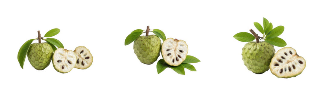 Fresh Sugar Apple Slices with Green Leaves Isolated Set, Custard Apple Annona Squamosa PNG Elements, Tropical Exotic Fruit Halves Collection for Food Design, Healthy Organic Sweet Fruit