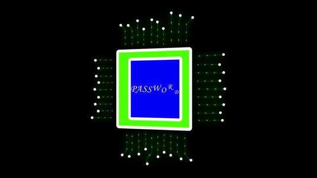 Microchip displays the word password on a vibrant blue square screen surrounded by a green border and connected to multiple white light nodes indicating secure user authentication for computer.