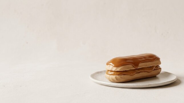 Indulging in Rich Caramel Desserts with Sweet Flavors, Single caramel eclair on a rustic white plate against a plain background.