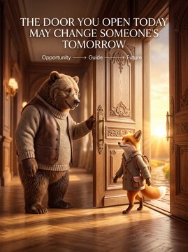 Wise bear mentor opening wooden door for young fox student towards bright sunny future horizon with student stepping