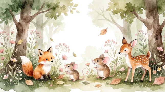 Watercolor illustration of cute fox mouse, fawn in green forest. Animals sit among flowers plants, autumn leaves. Whimsical woodland scene with wildlife characters for children decor. Hand painted