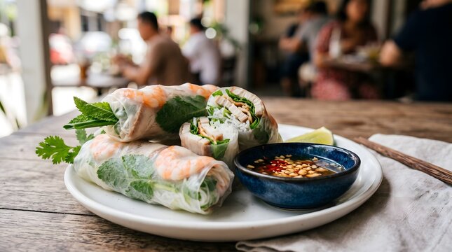 Fresh Vietnamese spring rolls with dipping sauce. Healthy Asian appetizer served on a white plate, casual dining setting.