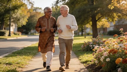 Fototapeta premium Senior men walking together in a park. Happy elderly friends exercising outdoors.