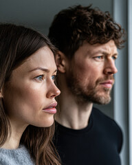 Obraz premium A close-up profile of a man and woman looking thoughtfully into the distance, highlighting expressions of contemplation and focus.